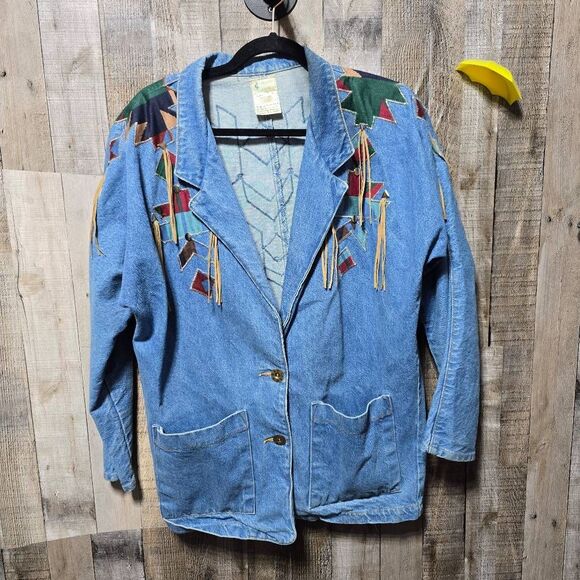 Weybug Designs Vintage 80s Denim Southwestern Embroidered Fringe Blazer Jacket - Picture 1 of 6